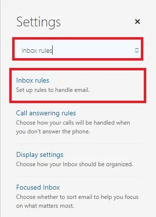 חיפוש inbox rules בהגדרות Outlook