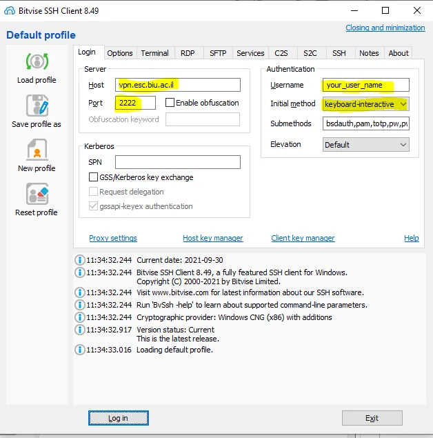 לשונית Login של Bitvise עם ההגדרות