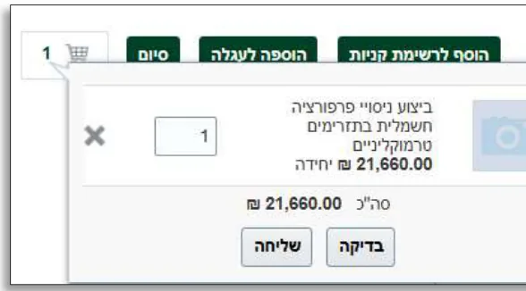 עגלת הקניות עם שורת השירות, והכפתורים בדיקה ושליחה