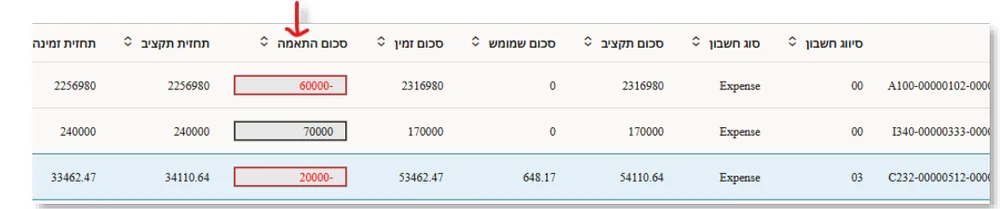 טבלת שילובי חשבונות: העמודה סכום התאמה, עם סכומים שליליים וחיוביים