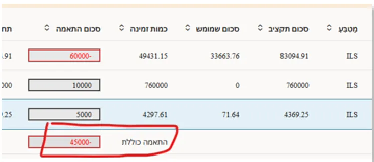 השורה התאמה כוללת בתחתית הטבלה — כאן מופיע -45000 ולכן ההעברה לא תעבור
