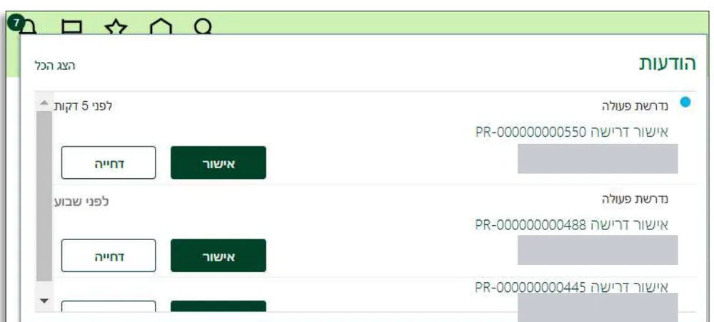 חלון ההודעות: בקשת אישור דרישה עם הכפתורים אישור ודחייה