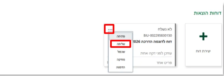 תפריט שלוש הנקודות בכרטיס הדוח עם האפשרות שליחה