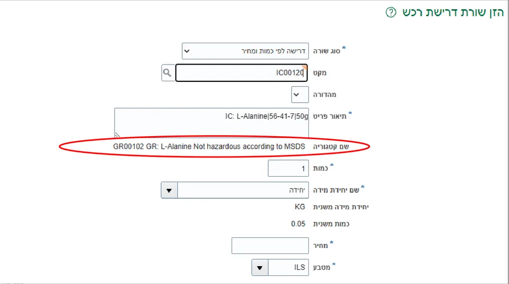 שורת הדרישה אחרי בחירת פריט: התיאור ושם הקטגוריה התמלאו אוטומטית