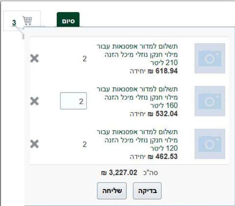 עגלת הקניות עם שלושה פריטים מהמחירון והכפתורים בדיקה ושליחה