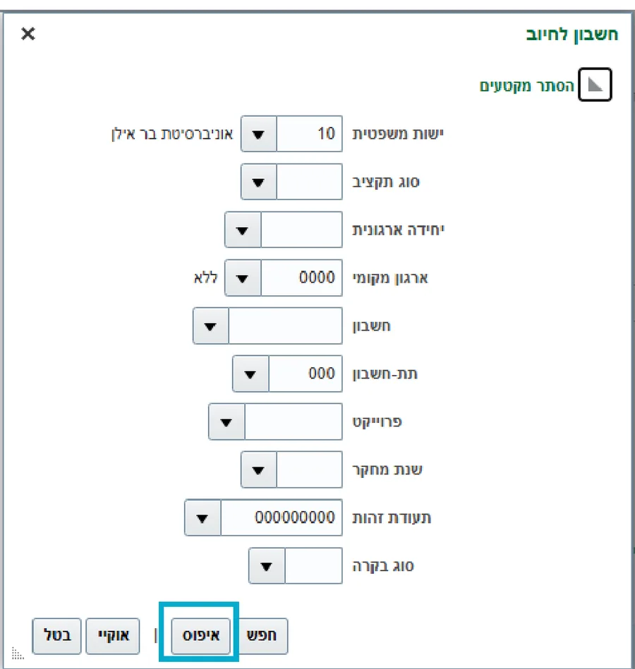 החלון חשבון לחיוב עם עשרת המקטעים והכפתור איפוס מסומן