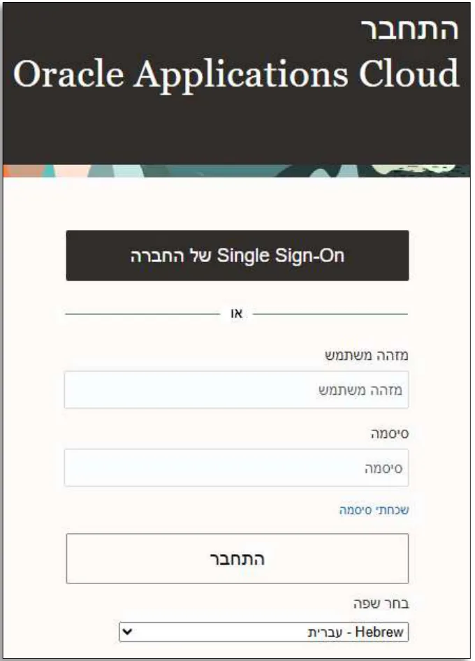 מסך הכניסה של עננט: הכפתור Single Sign-On של החברה ובתחתית בחירת השפה Hebrew - עברית